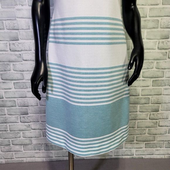 Vintage 70s Leslie‎ Fay Womens M Turquoise White Striped Dbl Knit Poly Dress - Picture 3 of 9
